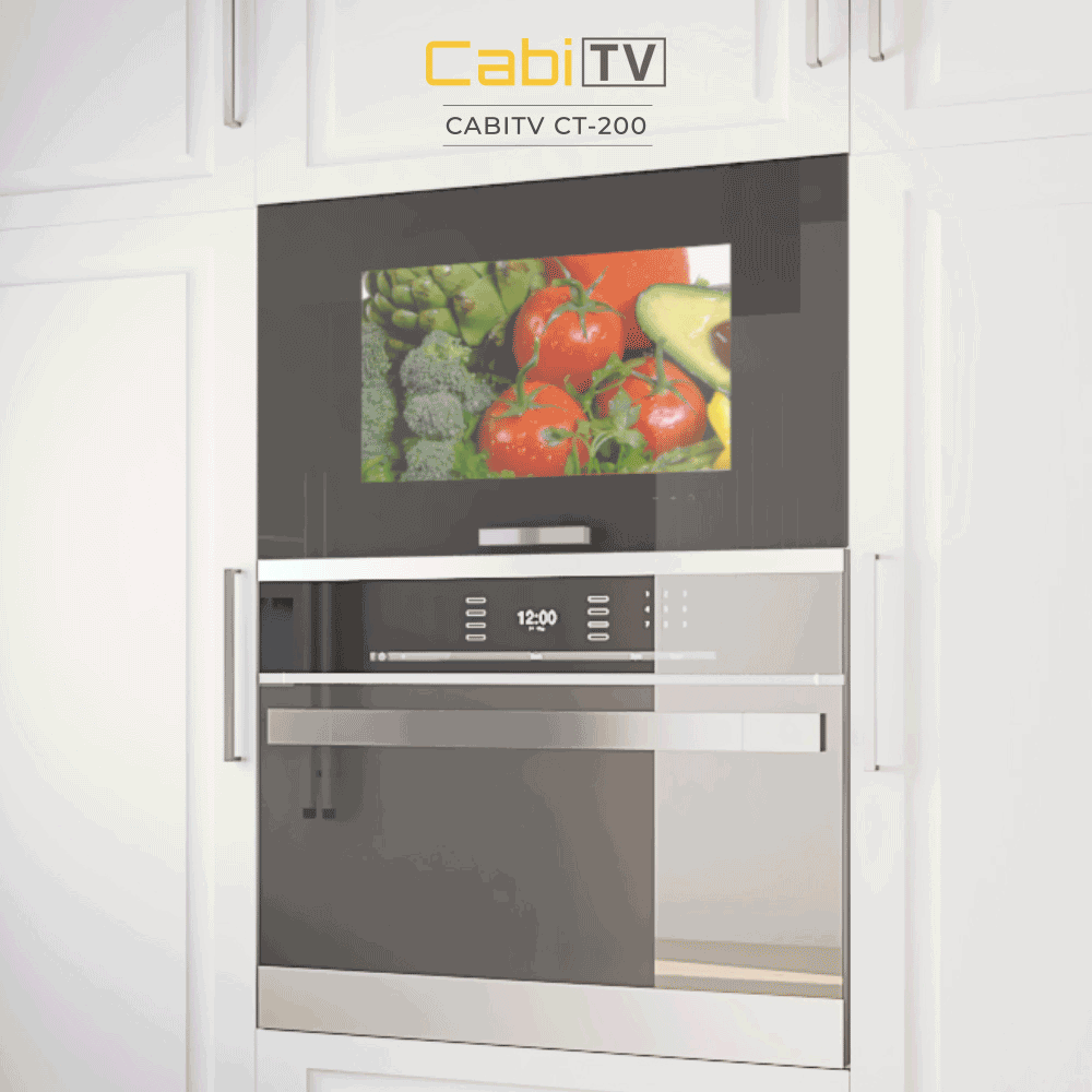 A smart mirror TV that works as a kitchen cabinet cover.